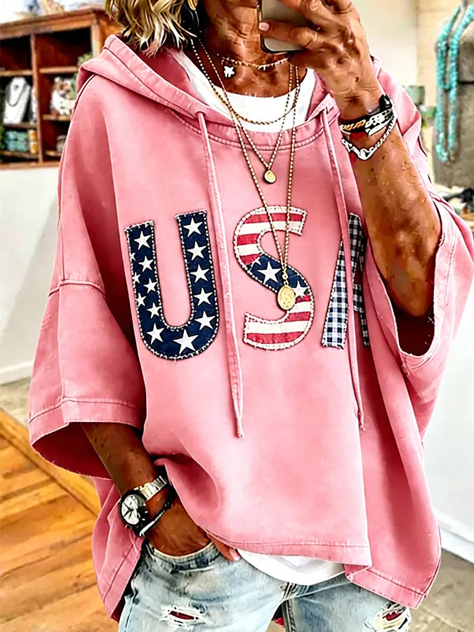 Patriotic Red USA Star Stripe Applique Oversized Hoodie